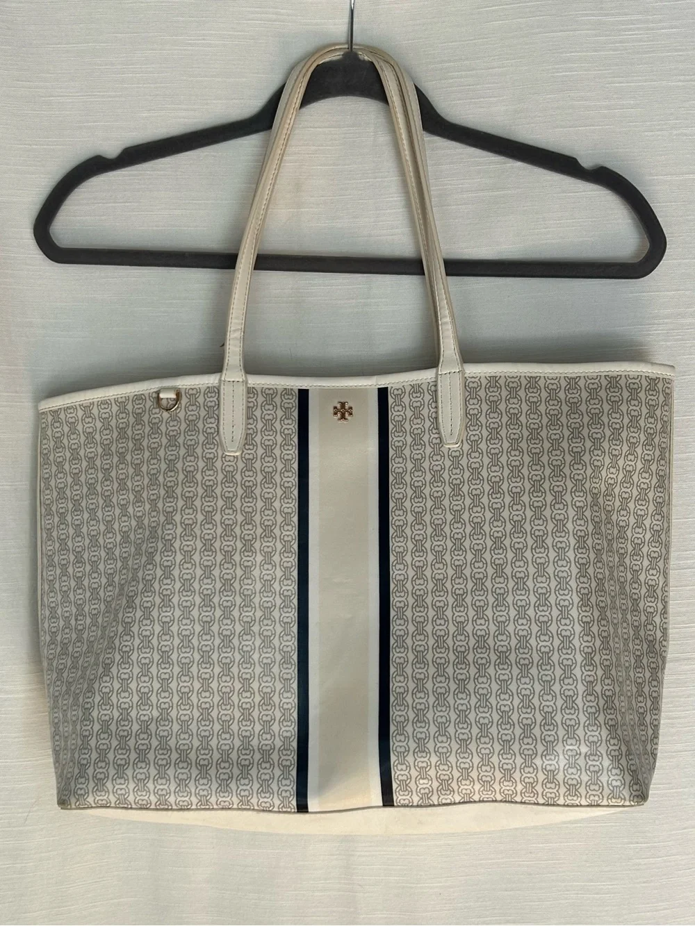 Tory Burch Cream Classic Preppy Logo-Print Tote with Navy Stripe
